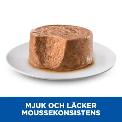 Mjuk och läcker mousse-konsistens, text på bilden. Fodermousse med bit avskuren, serverad på vit tallrik.