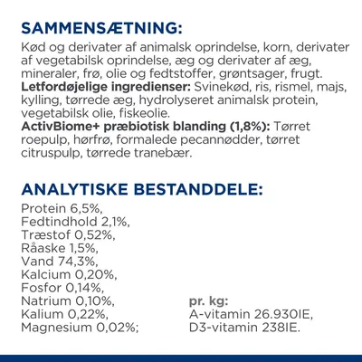 Sammensætning: kød, korn, æg, mineraler, frø, olie, grøntsager, frugt. Letfordøjelige ingredienser: svinekød, ris, majs m.m. Analytiske bestanddele: protein 6,5 %, fedt 2,1 %, vand 74,3 %.