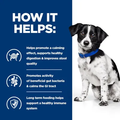 Text: How it helps – promotes calming effect, supports healthy digestion and stool quality, beneficial gut bacteria activity, calms GI tract, long term feeding supports immune system.