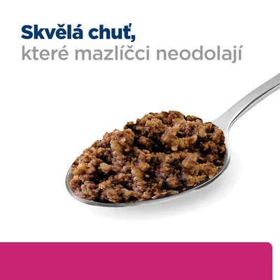 Lžíce s porcí masové směsi, nad ní text: Skvělá chuť, které mazlíčci neodolají.