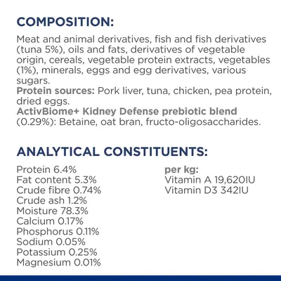 Composition and analytical constituents: includes meat, fish, cereals, vegetables, protein sources like pork liver and tuna, prebiotic blend, plus percentages of protein, fat, fibre, vitamins A and D3.