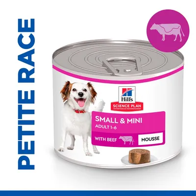 Boîte Hill's Science Plan Small & Mini Adult 1-6 with beef mousse, illustration de chien, mention PETITE RACE à gauche, pictogramme vache rose, portion de mousse visible.