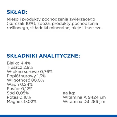 Skład: mięso i produkty pochodzenia zwierzęcego (kurczak 10%), zboża, produkty roślinne, składniki mineralne, oleje i tłuszcze. Składniki analityczne: białko 4,4%, tłuszcz 2,9%, wilgotność 80%.