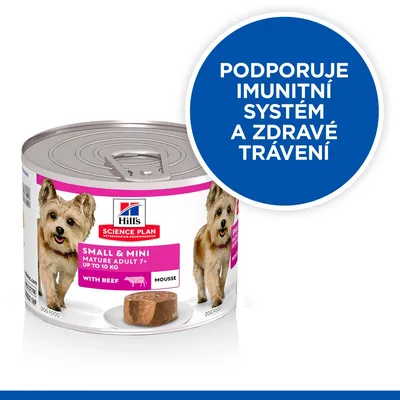 Konzerva Hill's Science Plan Small & Mini Mature Adult 7+ with Beef Mousse. Text: Podporuje imunitní systém a zdravé trávení.