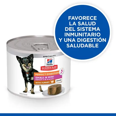 Hill's Science Plan Perfect Digestion Small & Mini Adult 1–6 up to 10 kg with Turkey Mousse. Texto: Favorece la salud del sistema inmunitario y una digestión saludable.
