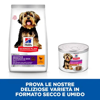 Hill's Science Plan Sensitive Stomach & Skin per cani Small & Mini, confezione secca con pollo e umida con tacchino. Testo: Prova le nostre deliziose varietà in formato secco e umido.
