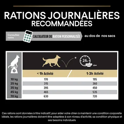 Tableau des rations journalières recommandées pour chiens selon poids (10 à 70 kg) et activité (<1h : 170–630 g, 1–3h : 195–720 g). Calculateur de ration personnalisée mentionné.
