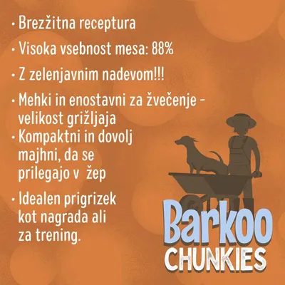 Brezžitna receptura, 88 % mesa, z zelenjavnim nadevom, mehki za žvečenje, kompaktni in majhni, idealen prigrizek za nagrado ali trening. Barkoo Chunkies.
