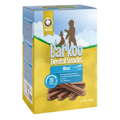 Barkoo Dental Snacks Maxi, 28 sticks, til hunde fra 25 kg. Udviklet af dyrlæger, specielt formet til tandrensning, fedtfattig, uden tilsat sukker. Pakningsstørrelse: 4 x 270 g = 1080 g.