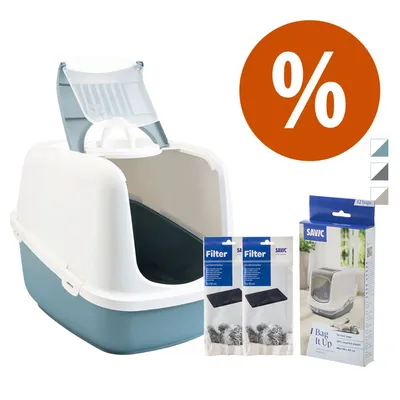 Savic caja de arena para gatos con filtro y bolsa, blanco-azul, accesorios incluidos. Símbolo de descuento en naranja visible.
