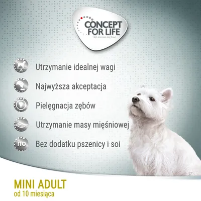 Concept for Life. Utrzymanie idealnej wagi, najwyższa akceptacja, pielęgnacja zębów, utrzymanie masy mięśniowej, bez dodatku pszenicy i soi. MINI ADULT od 10 miesiąca.