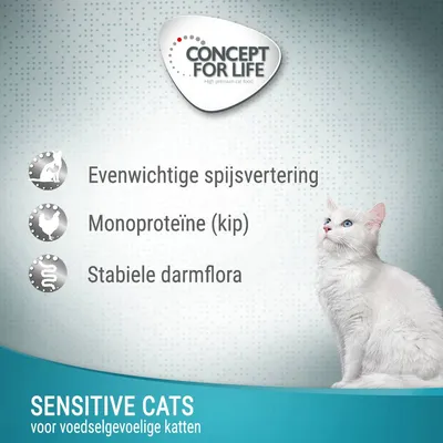 CONCEPT FOR LIFE Sensitive Cats voor voedselgevoelige katten, evenwichtige spijsvertering, monoproteïne (kip), stabiele darmflora. Witte kat rechts in beeld.