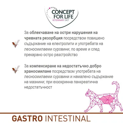 CONCEPT FOR LIFE VETERINARY DIET. За облекчаване на остри нарушения на чревната резорбция и за компенсиране на недостатъчно добро храносмилане. GASTRO INTESTINAL.