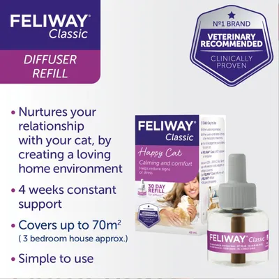 Feliway Classic Diffuser Refill, 30 day refill, calming and comfort for cats. Veterinary recommended, clinically proven. Covers up to 70m², 4 weeks support, simple to use. 48ml bottle shown.