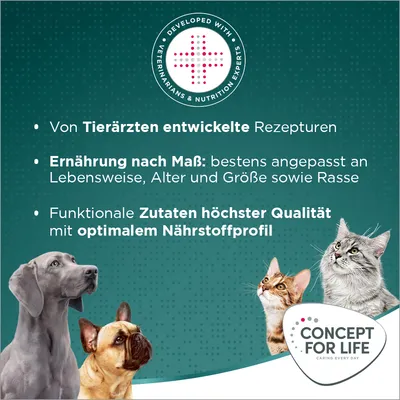 Von Tierärzten entwickelte Rezepturen, Ernährung nach Mass für Lebensweise, Alter, Grösse und Rasse, funktionale Zutaten höchster Qualität mit optimalem Nährstoffprofil. Concept for Life.