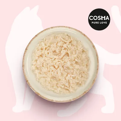Bol de nourriture humide effilochée, marque Cosma Pure Love visible en haut à droite sur fond rose avec silhouette de chat.