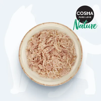 Cosma Nature, Schale mit zerkleinertem Hühnerfleisch. Markenlogo Cosma Pure Love Nature sichtbar.