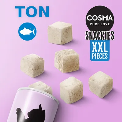 COSMA PURE LOVE Snackies XXL Pieces, ton. Cuburi mari de snack pentru pisici, imagine cu bucăți și cutie roz cu siluetă de pisică. Text vizibil: TON, XXL PIECES.