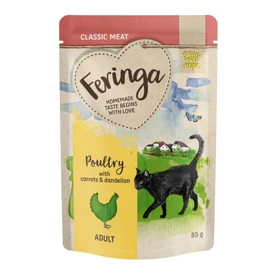 Feringa Classic Meat, ricetta senza cereali, Poultry con carote e tarassaco per gatti adulti, 85 g. Testo in inglese: Homemade taste begins with love.