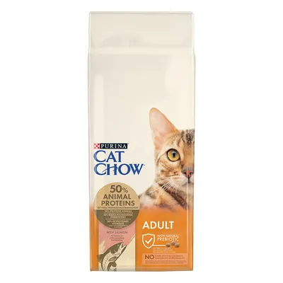 Sac Purina Cat Chow Adult, 50 % protéines animales, avec saumon, prébiotique naturel, sans colorants ni conservateurs artificiels. Visuel d’un chat sur l’emballage.