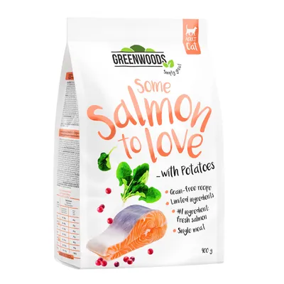 Greenwoods kattefoder 'Some Salmon to Love' med kartofler, kornfri, frisk laks som hovedingrediens, begrænsede ingredienser, single-protein, 400g pakke.