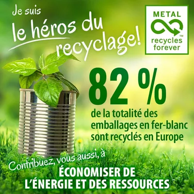 Je suis le héros du recyclage ! 82 % de la totalité des emballages en fer-blanc sont recyclés en Europe. Contribuez, vous aussi, à économiser de l’énergie et des ressources. METAL recycles forever. Je suis le héros du recyclage ! 82 % de la totalité des emballages en fer-blanc sont recyclés en Europe. Contribuez, vous aussi, à économiser de l’énergie et des ressources. METAL recycles forever.