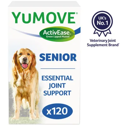 Caja de YuMOVE ActivEase Green Lipped Mussel SENIOR Essential Joint Support x120. Texto: UK’s No.1 Veterinary Joint Supplement Brand.