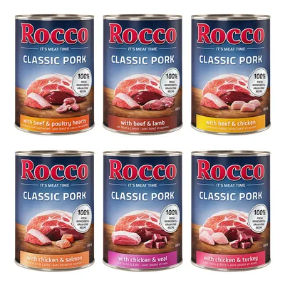 Rocco Classic Pork wet food, varieties: with beef & poultry hearts, with beef & lamb, with beef & chicken, with chicken & salmon, with chicken & veal, with chicken & turkey. 100% fresh ingredients, grain-free.