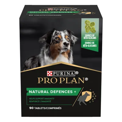 Συσκευασία Purina Pro Plan Natural Defences+ για σκύλους, 90 δισκία. Ορατό κείμενο: Source of beta-glucans, helps support immunity, renforce l’immunité.