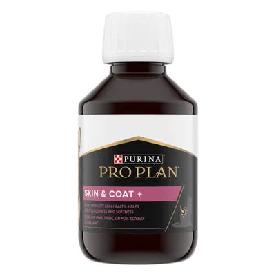 Purina Pro Plan Skin & Coat+ bottle, label text: helps promote skin health, helps coat glossiness and softness. Cat silhouette icon visible on front label.