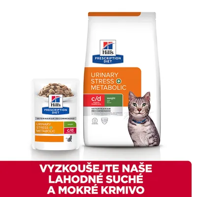Hill's Prescription Diet Urinary Stress + Metabolic c/d krmivo pre mačky, balenie suchého a mokrého krmiva s obrázkom mačky. Text: Vyskúšejte naše lahodné suché a mokré krmivo.
