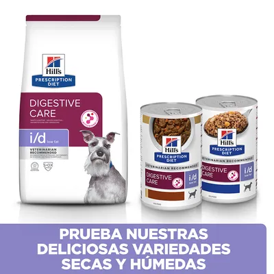Hill's Prescription Diet Digestive Care i/d low fat para perros, pienso seco y latas húmedas. Texto: Prueba nuestras deliciosas variedades secas y húmedas.