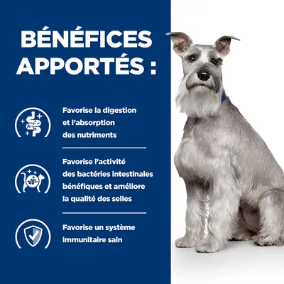 Bénéfices apportés : favorise la digestion et l’absorption des nutriments, l’activité des bactéries intestinales bénéfiques, améliore la qualité des selles, système immunitaire sain.
