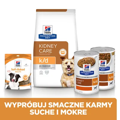 Hill's Prescription Diet Kidney Care k/d: opakowanie suchej karmy, dwa puszki mokrej karmy oraz przysmak Soft-Baked Biscuits. Napis: Wypróbuj smaczne karmy suche i mokre.