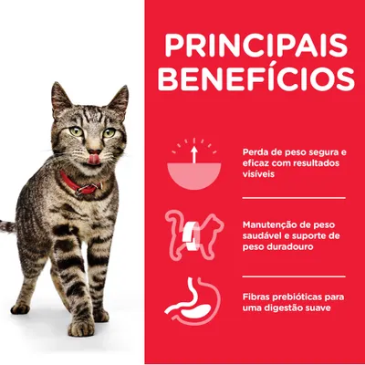 Principais benefícios: perda de peso segura e eficaz, manutenção de peso saudável e suporte duradouro, fibras prebióticas para digestão suave. Texto em português.