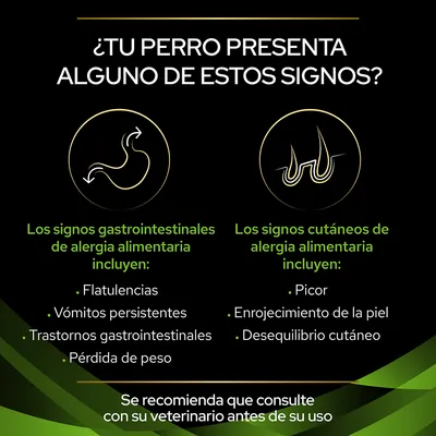 ¿Tu perro presenta alguno de estos signos? Signos gastrointestinales: flatulencias, vómitos persistentes, trastornos gastrointestinales, pérdida de peso. Cutáneos: picor, enrojecimiento, desequilibrio cutáneo.