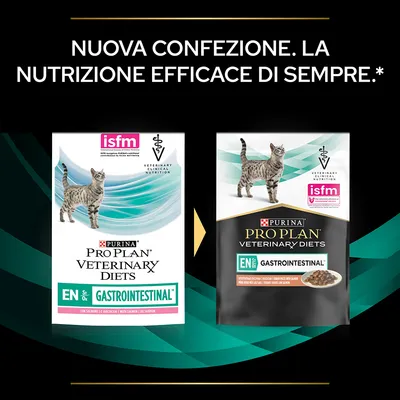 Nuova confezione Purina Pro Plan Veterinary Diets EN Gastrointestinal per gatti, con logo isfm e immagine di crocchette al salmone. Testo: 'NUOVA CONFEZIONE. LA NUTRIZIONE EFFICACE DI SEMPRE.'