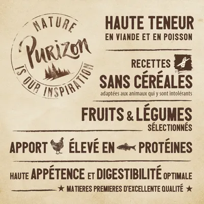 Purizon Nature is our inspiration. Haute teneur en viande et poisson, recettes sans céréales, fruits & légumes sélectionnés, apport élevé en protéines, haute appétence et digestibilité optimale.