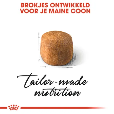 Brokjes ontwikkeld voor je Maine Coon. Tekst: tailor-made nutrition. Afbeelding van een enkele brok met maatindicatie.