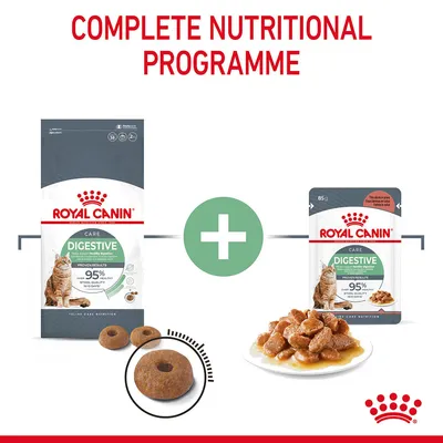 Royal Canin Digestive Care dry cat food bag, wet food pouch 85g, and plate of chunks in gravy. Text: Complete Nutritional Programme, 95% stool quality in 10 days.