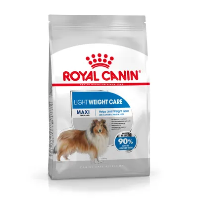 Opakowanie karmy Royal Canin Light Weight Care Maxi. Widoczny napis: Helps Limit Weight Gain, 90% achieved a healthier weight, zdjęcie psa rasy długowłosej.