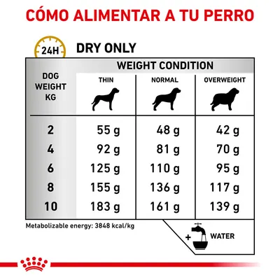 Tabla de raciones diarias para perros según peso (2–10 kg) y condición: delgado, normal, sobrepeso. Ejemplo: 6 kg, normal: 110 g. Energía metabolizable: 3848 kcal/kg. Añadir agua.