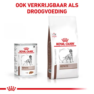 Royal Canin Veterinary Hepatic natvoer en droogvoer voor honden. Tekst: Ook verkrijgbaar als droogvoeding.