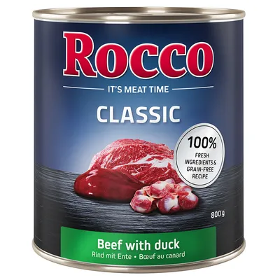 Rocco Classic wołowina z kaczką, puszka 800g. 100% świeżych składników i receptura bez zbóż.