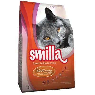 Smilla Finest Healthy Nutrition ADULT Geflügel kissanruokapakkaus, 1 kg. Kuvassa harmaa kissa ja tuotetietoja saksaksi. Näkyvissä myös vitamiini- ja proteiinisymbolit.