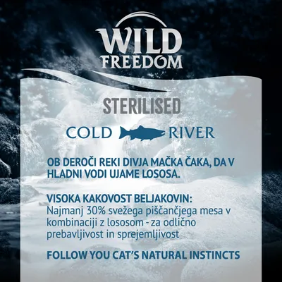 Wild Freedom STERILISED COLD RIVER. Najmanj 30 % svežega piščančjega mesa v kombinaciji z lososom – za odlično prebavljivost in sprejemljivost. Besedilo v angleščini.