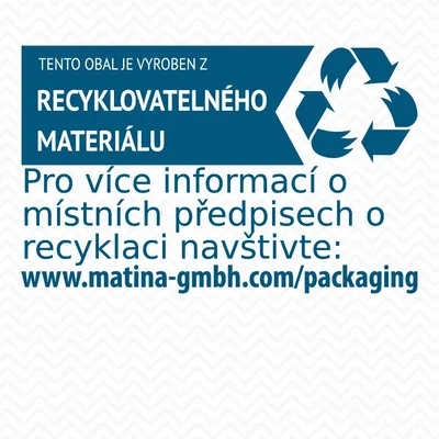 Tento obal je vyroben z recyklovatelného materiálu. Pro více informací o místních předpisech o recyklaci navštivte: www.matina-gmbh.com/packaging