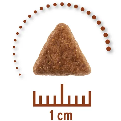 Trekantet foderpille med måleskala under, viser størrelse 1 cm.