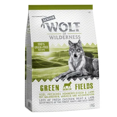 Wolf of Wilderness Senior Green Fields, 1 kg. 100 % viljaton resepti tuoreella kananlihalla ja lampaanlihalla sekä metsämarjoilla, juurilla ja villiyrteillä.