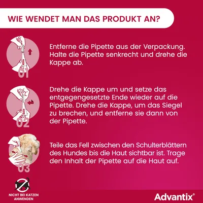 Anleitung zur Anwendung des Produkts: Pipette auspacken, Kappe drehen und Siegel brechen, Fell des Hundes teilen und Inhalt der Pipette auf die Haut auftragen. Nicht bei Katzen anwenden.